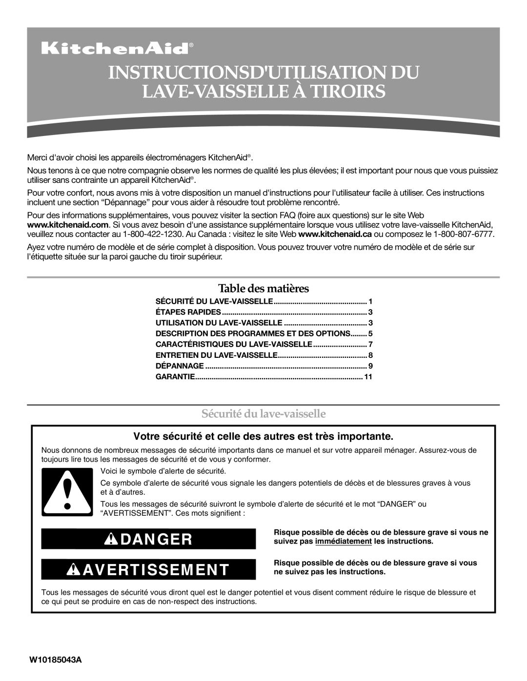 KitchenAid W10185043A warranty Instructionsdutilisation DU LAVE-VAISSELLE À Tiroirs, Sécurité du lave-vaisselle 