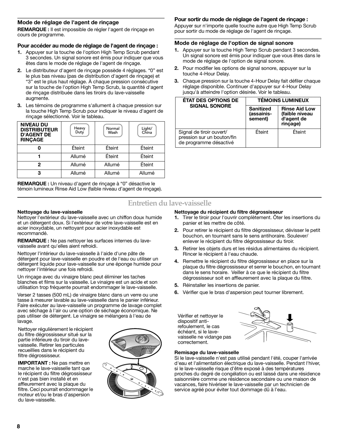 KitchenAid W10185043A warranty Entretien du lave-vaisselle, Mode de réglage de lagent de rinçage 