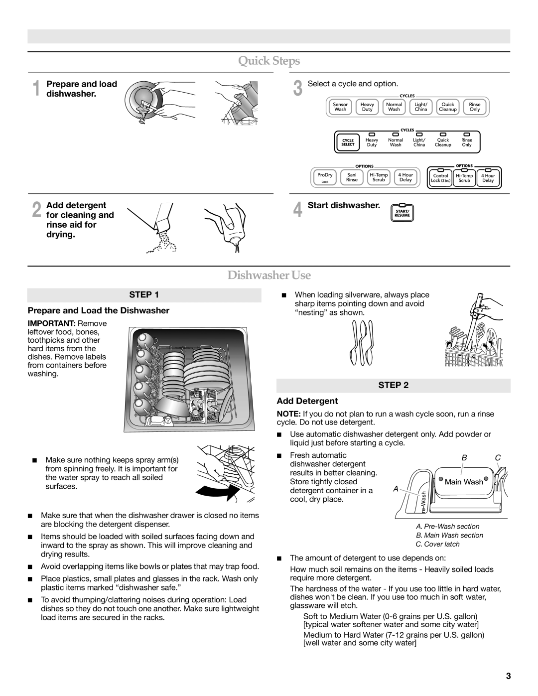 KitchenAid W10185043A warranty Quick Steps, Dishwasher Use, Prepare and load, Prepare and Load the Dishwasher 