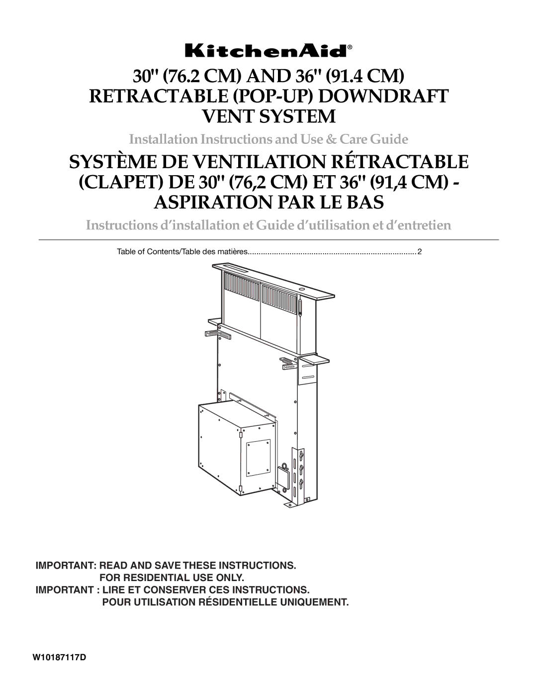 KitchenAid W101871170D installation instructions Retractable POP-UP Downdraft Vent System 