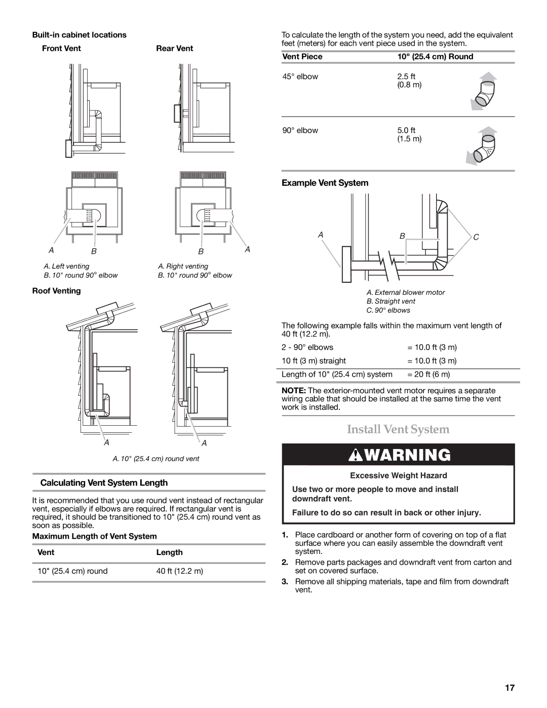 KitchenAid W101871170D installation instructions Roof Venting, Maximum Length of Vent System 10 25.4 cm round 40 ft 12.2 m 