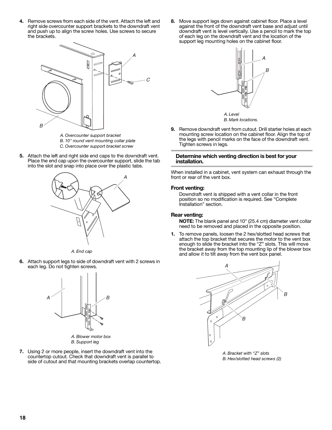 KitchenAid W101871170D installation instructions Front venting, Rear venting 