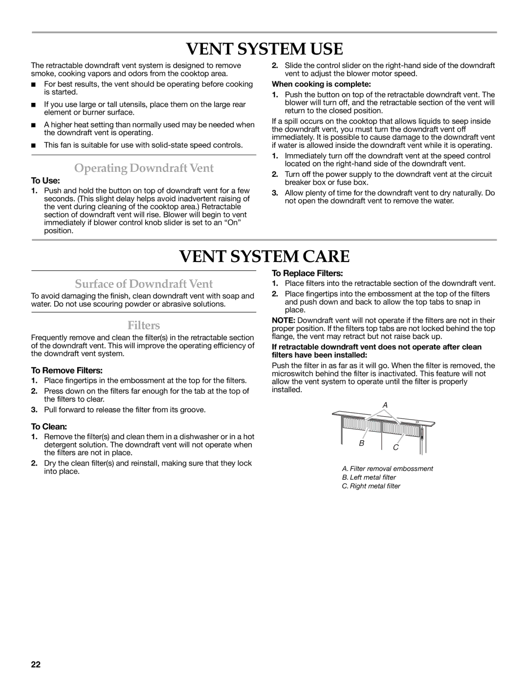 KitchenAid W101871170D Vent System USE, Vent System Care, Operating Downdraft Vent, Surface of Downdraft Vent, Filters 