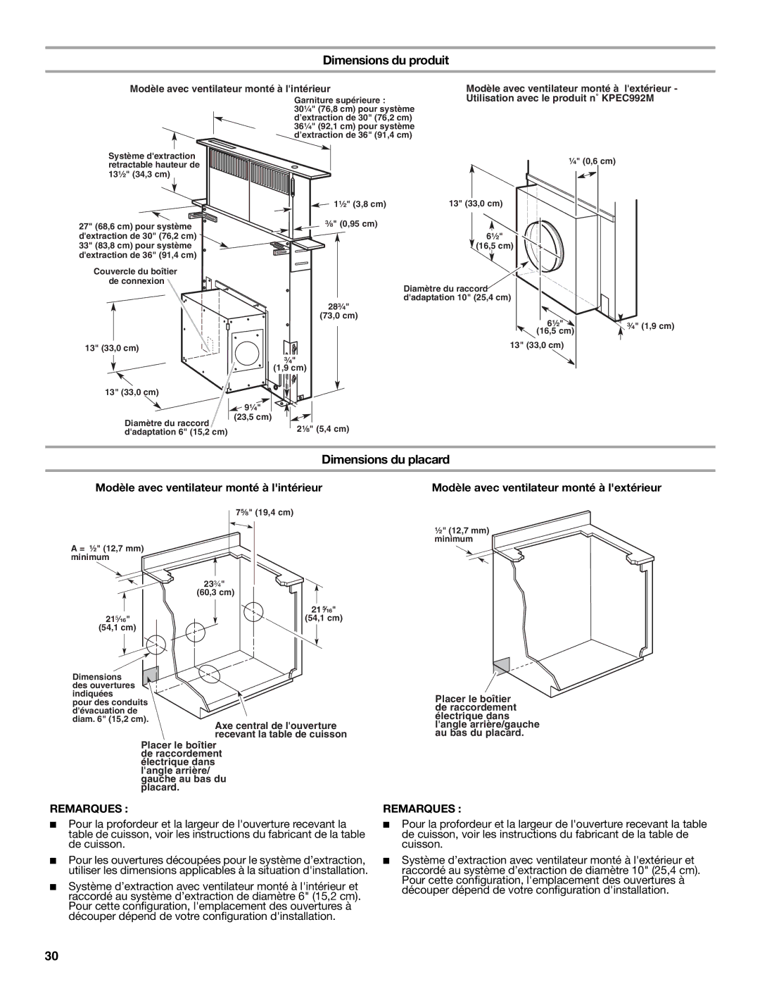 KitchenAid W101871170D Dimensions du produit, Dimensions du placard, Modèle avec ventilateur monté à lintérieur 