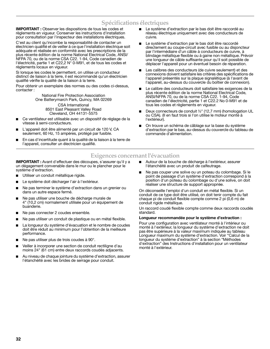 KitchenAid W101871170D installation instructions Spécifications électriques, Exigences concernant lévacuation 