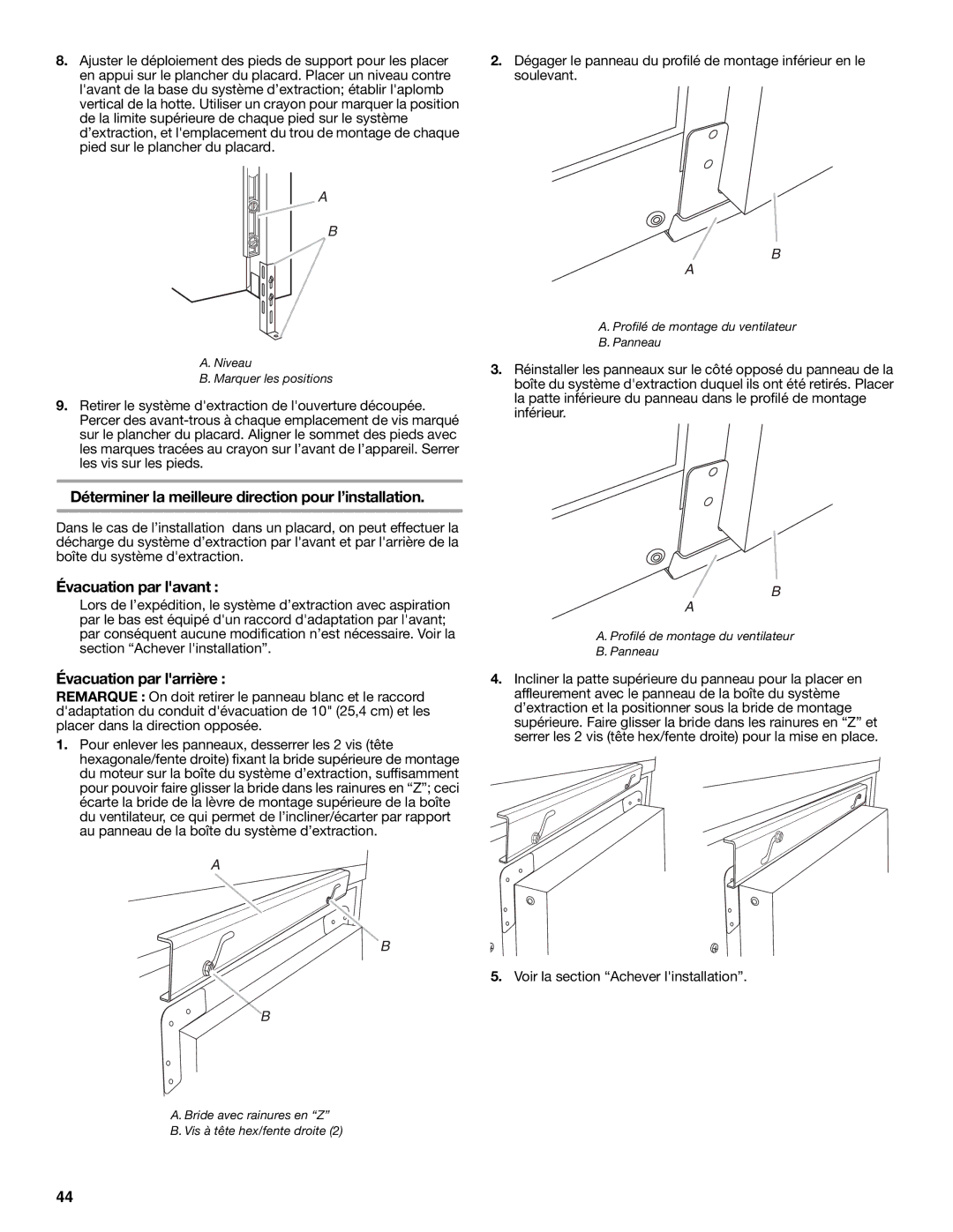 KitchenAid W101871170D installation instructions Évacuation par lavant, Évacuation par larrière 