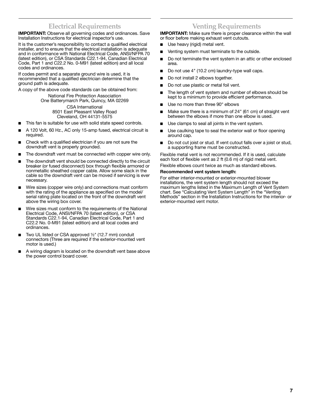 KitchenAid W101871170D Electrical Requirements, Venting Requirements, Recommended vent system length 