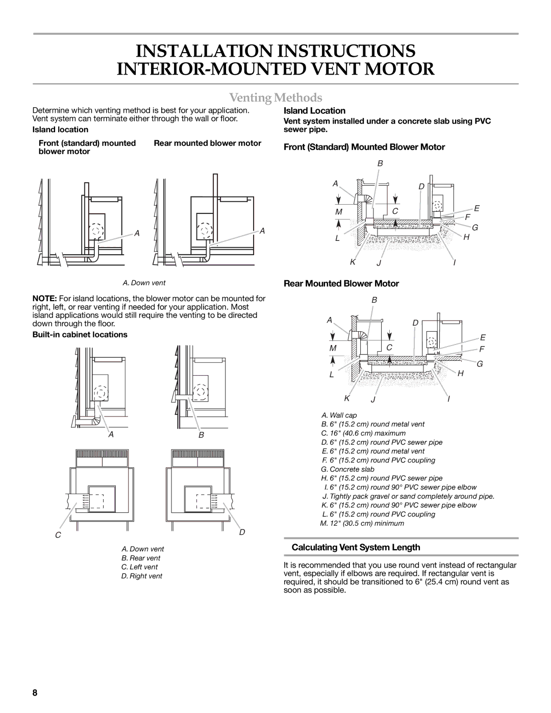 KitchenAid W101871170D Installation Instructions INTERIOR-MOUNTED Vent Motor, Venting Methods, Island Location 