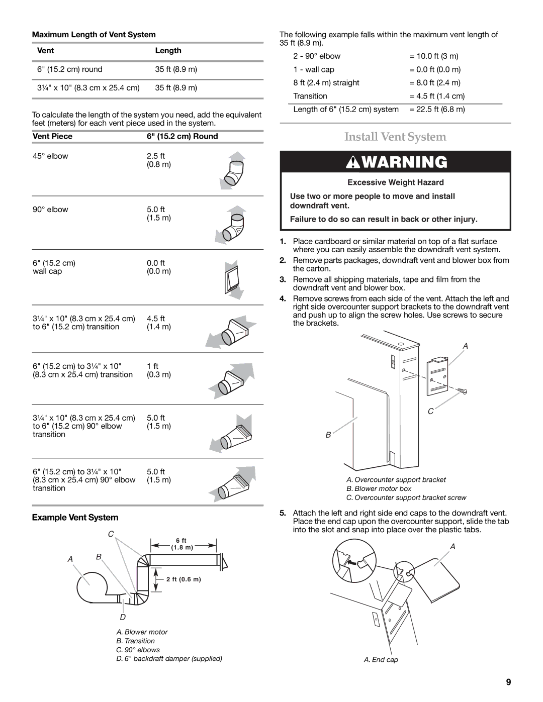 KitchenAid W101871170D Install Vent System, Example Vent System, Maximum Length of Vent System, Vent Piece Cm Round 