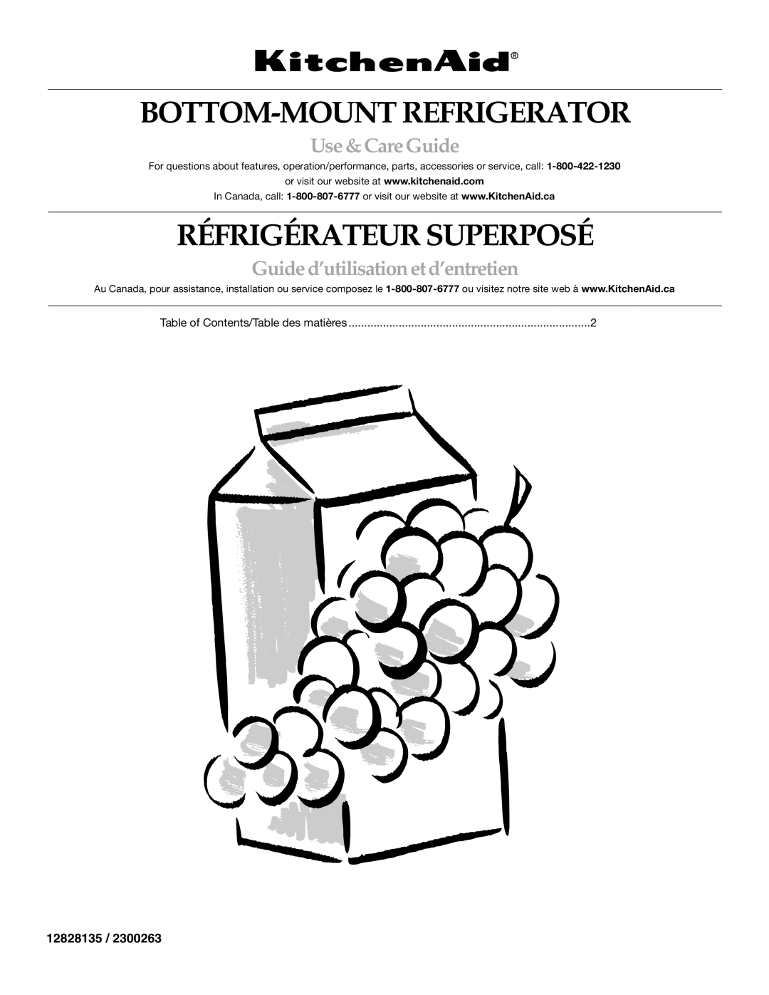 KitchenAid KBFA25ERSS01, W10187310A, KBFA20ERSS01 manual BOTTOM-MOUNT Refrigerator, 12828135 