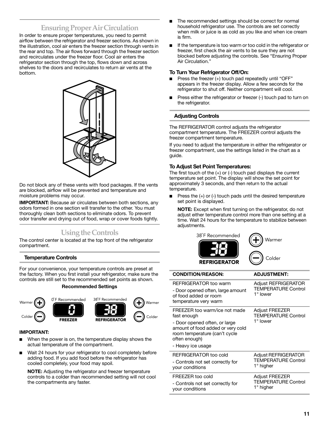 KitchenAid KBFA20ERSS01, W10187310A, KBFA25ERSS01 manual Ensuring Proper Air Circulation, Usingthe Controls 