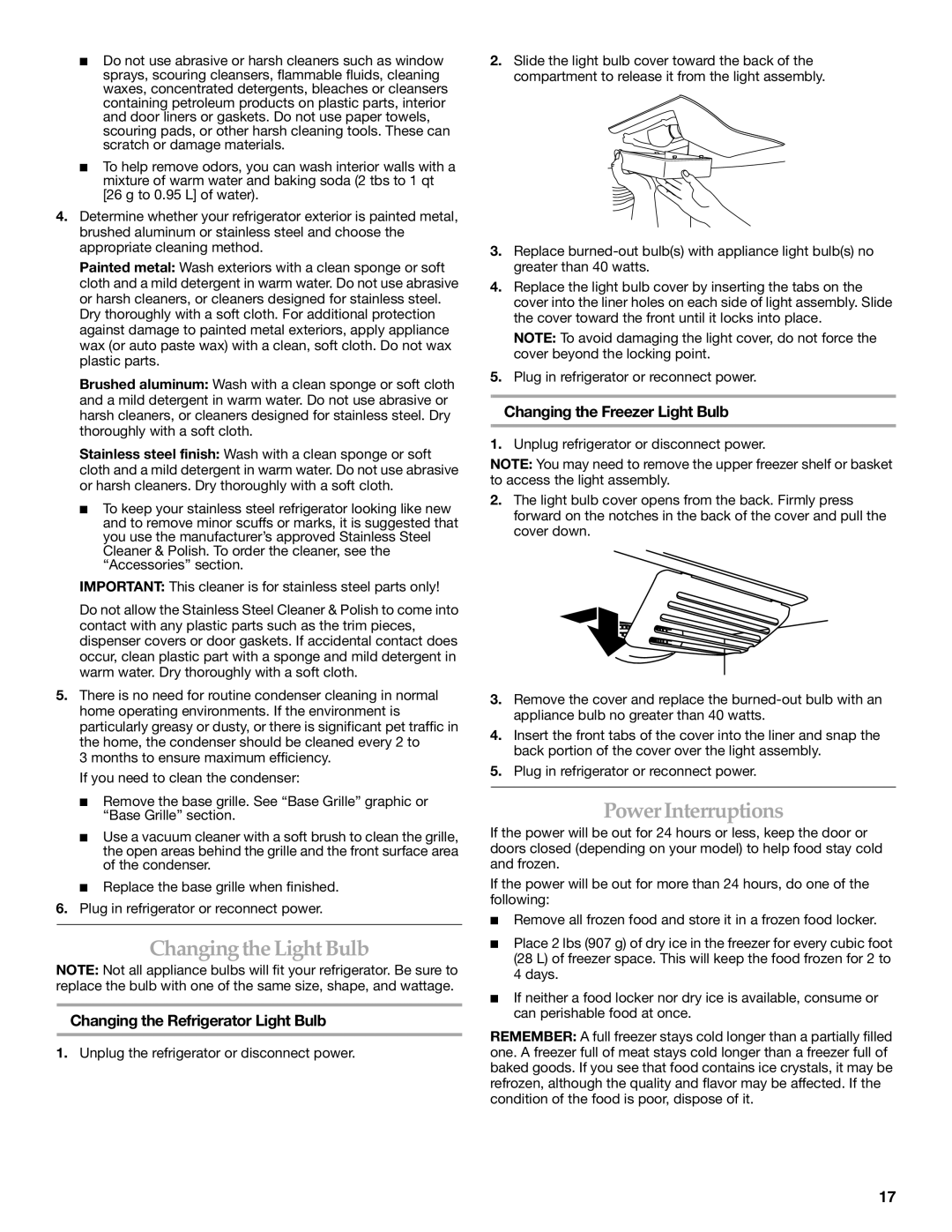 KitchenAid KBFA20ERSS01, W10187310A Changing the Light Bulb, Power Interruptions, Changing the Refrigerator Light Bulb 