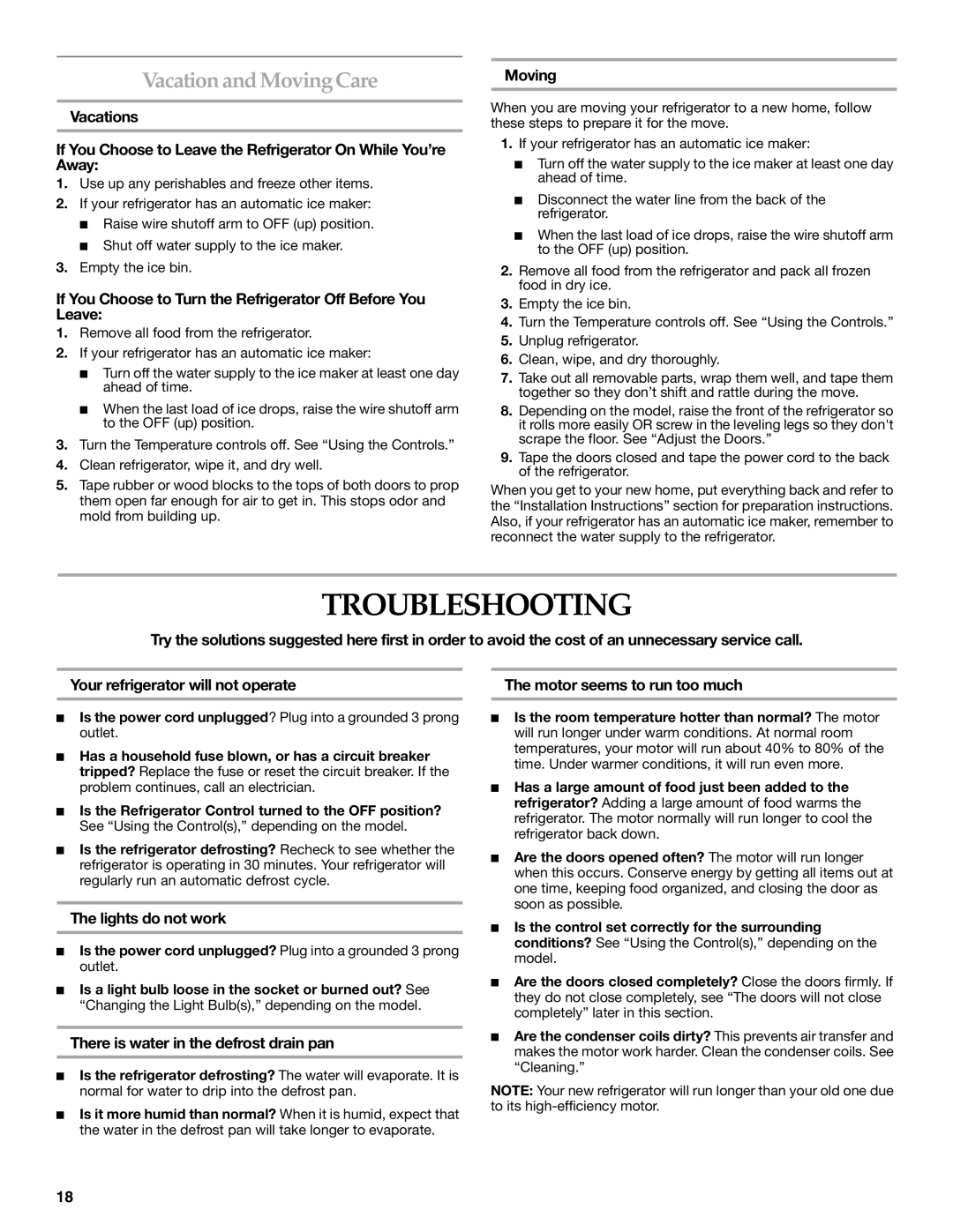 KitchenAid W10187310A, KBFA25ERSS01, KBFA20ERSS01 manual Troubleshooting, Vacation and MovingCare 