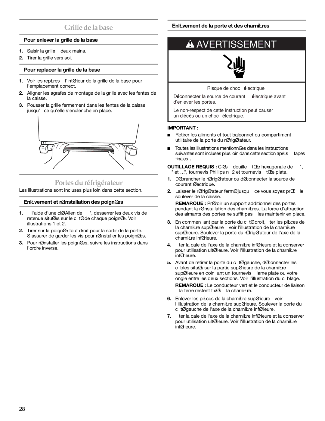 KitchenAid KBFA25ERSS01, W10187310A, KBFA20ERSS01 manual Grille de la base, Portes du réfrigérateur 