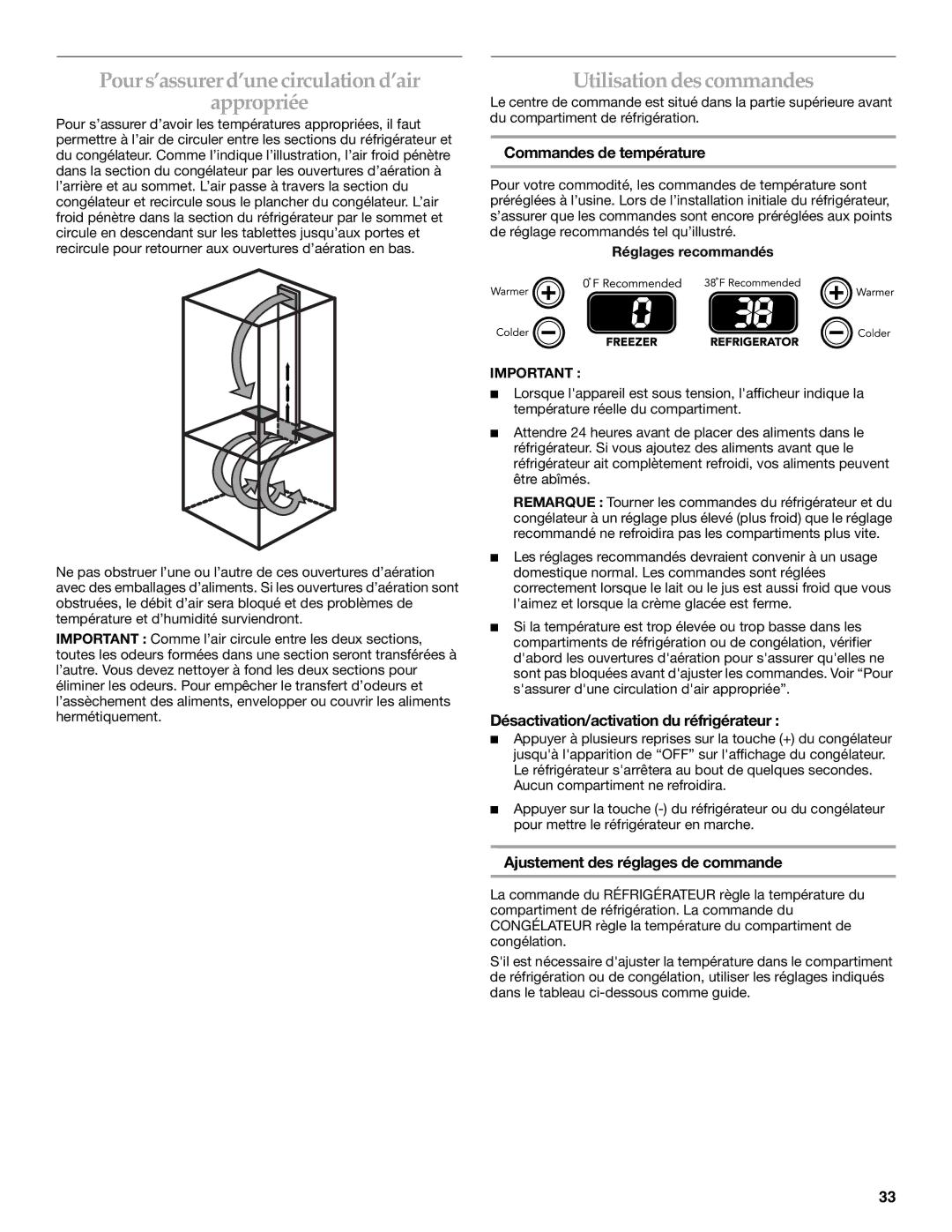 KitchenAid W10187310A, KBFA25ERSS01 manual Pour s’assurer d’une circulation d’air Appropriée, Utilisation des commandes 