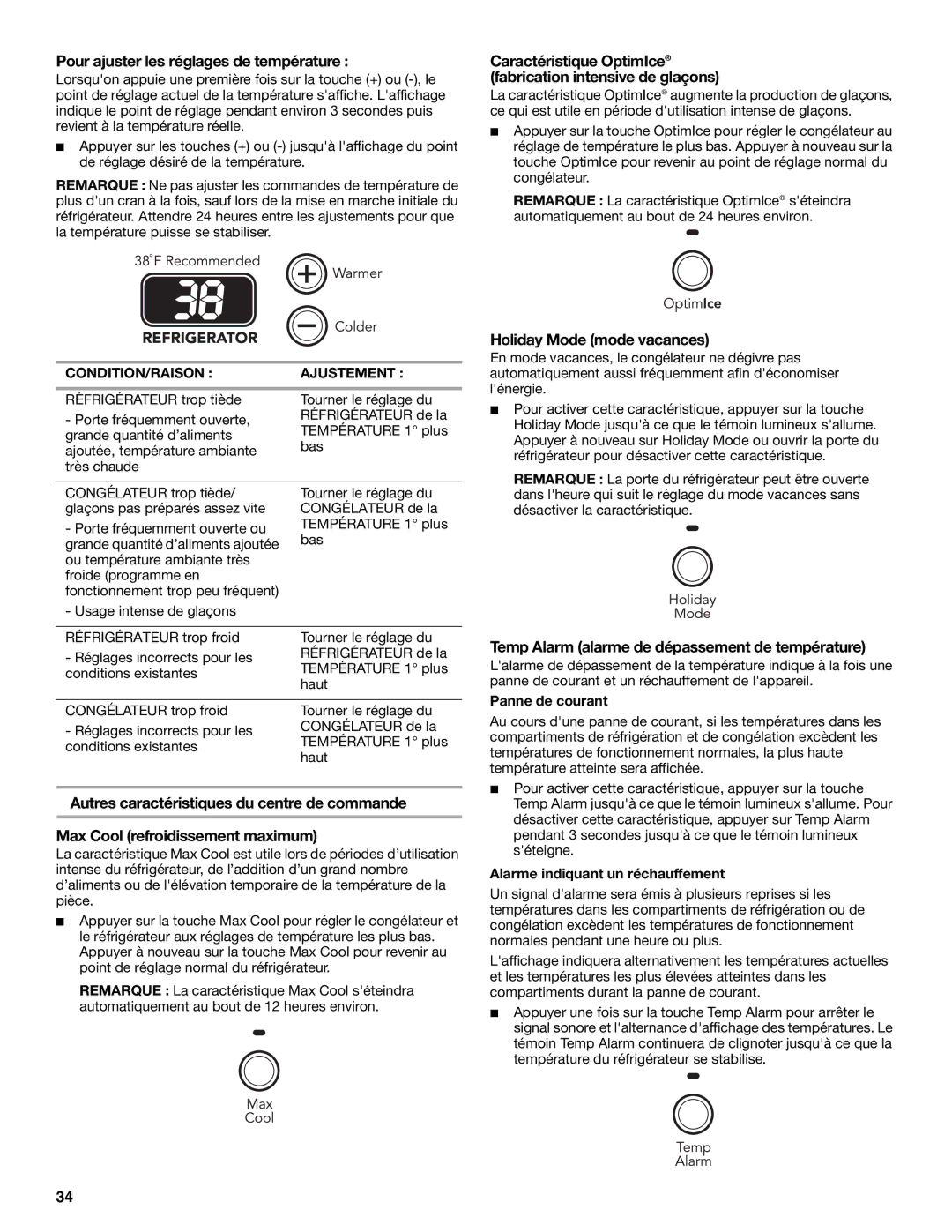 KitchenAid KBFA25ERSS01, W10187310A, KBFA20ERSS01 manual Pour ajuster les réglages de température, Holiday Mode mode vacances 