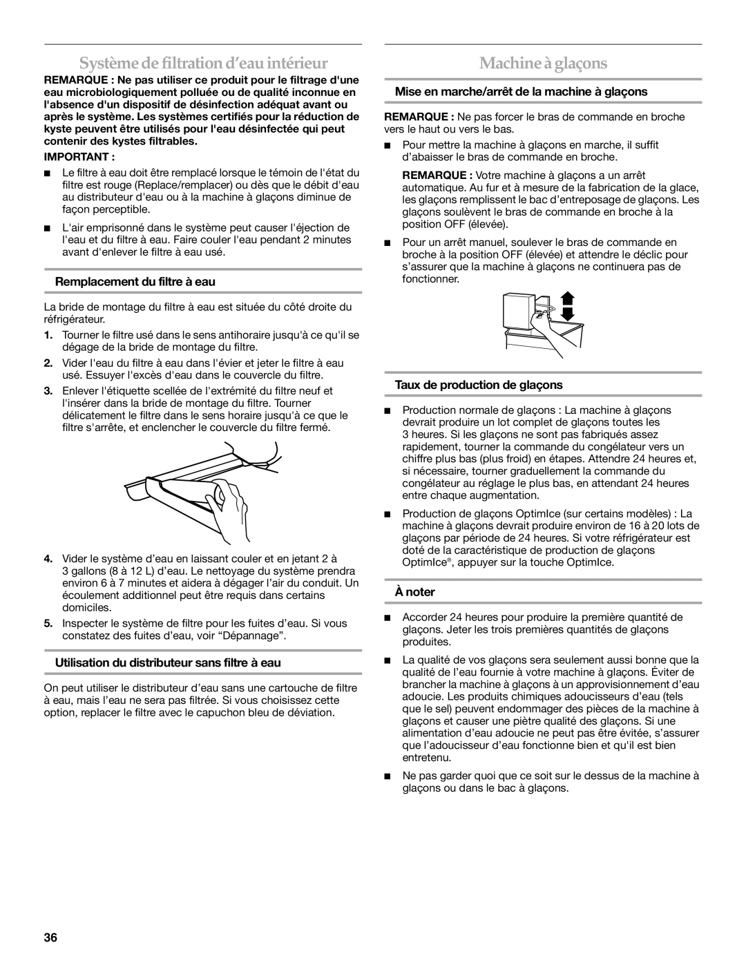 KitchenAid W10187310A, KBFA25ERSS01, KBFA20ERSS01 manual Système de filtration d’eau intérieur, Machine à glaçons 