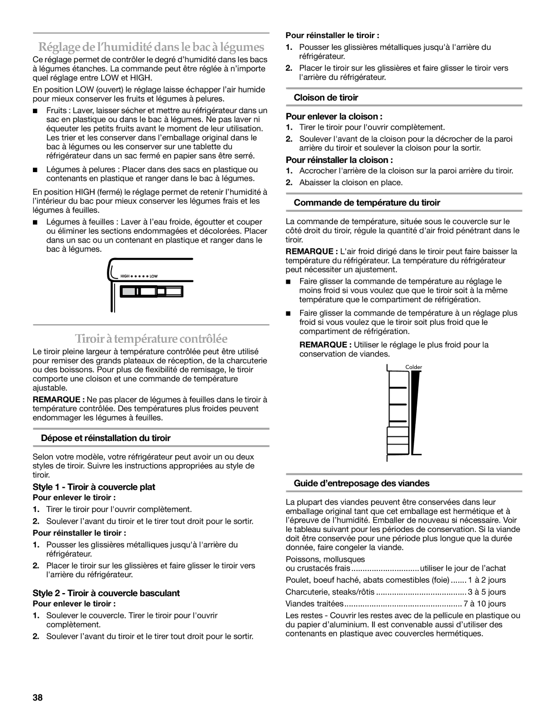 KitchenAid KBFA20ERSS01, W10187310A manual Réglage de l’humidité dansle bac à légumes, Tiroir à température contrôlée 