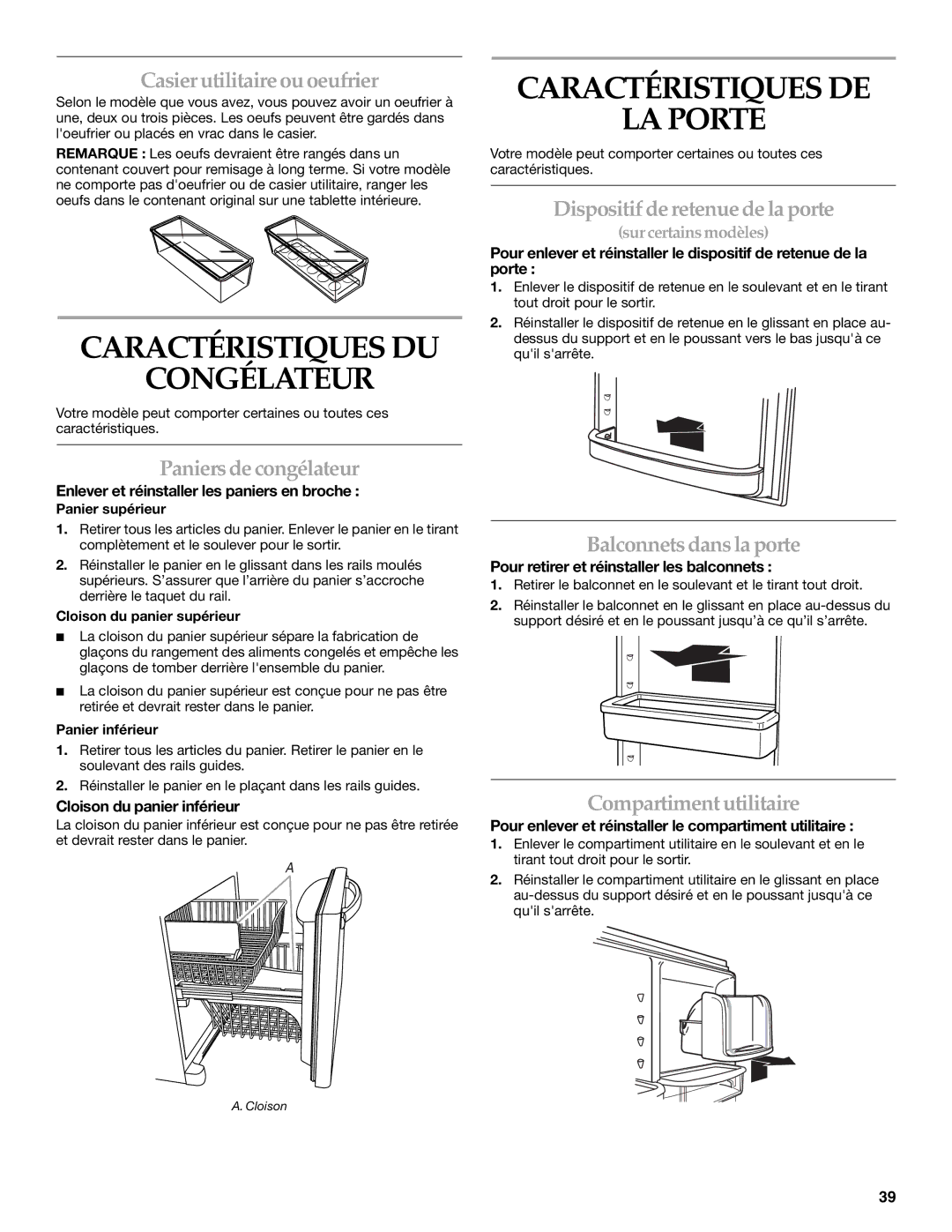 KitchenAid W10187310A, KBFA25ERSS01, KBFA20ERSS01 manual Caractéristiques DU Congélateur, Caractéristiques DE LA Porte 