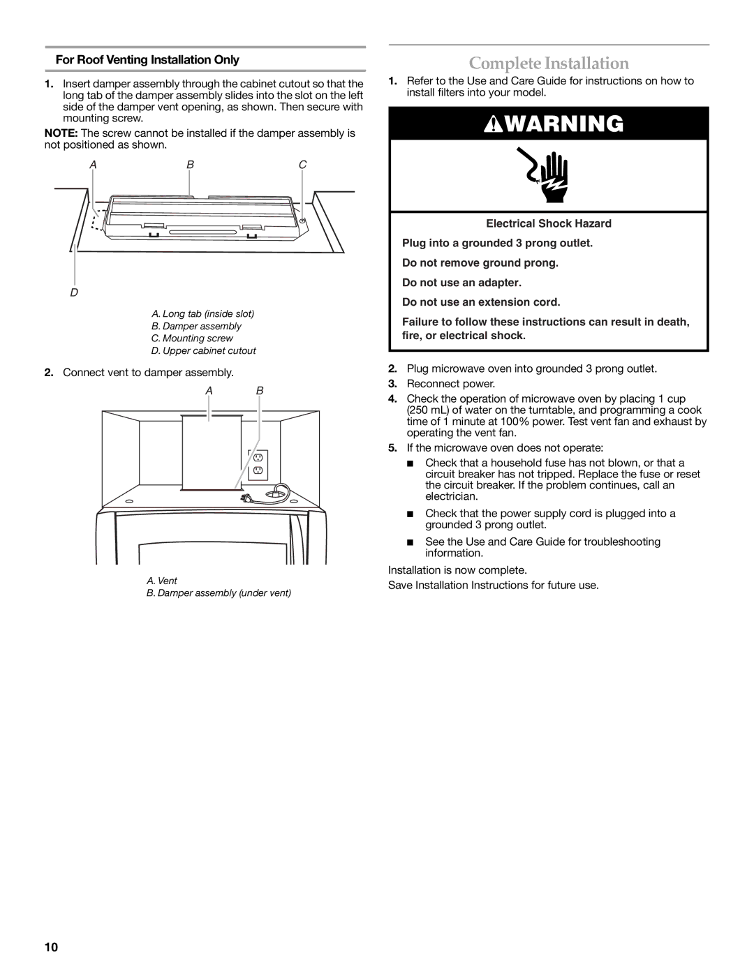 KitchenAid W10190011A, W10189714A installation instructions Complete Installation, Abc 