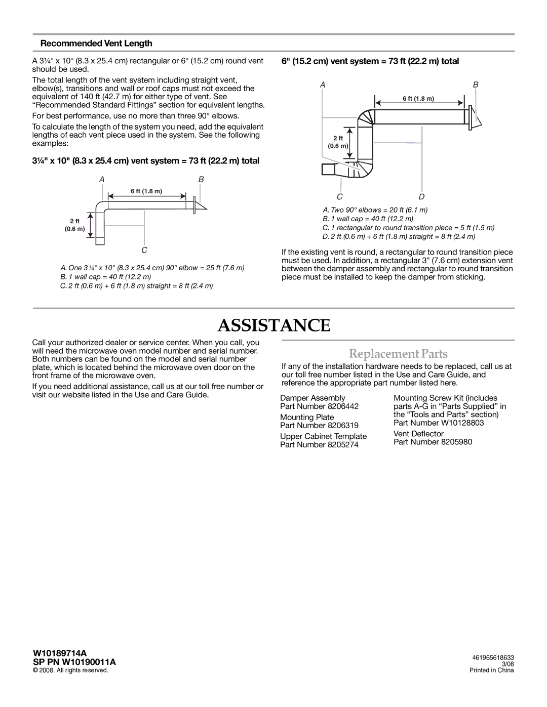 KitchenAid W10189714A installation instructions Assistance, Replacement Parts, Recommended Vent Length, SP PN W10190011A 