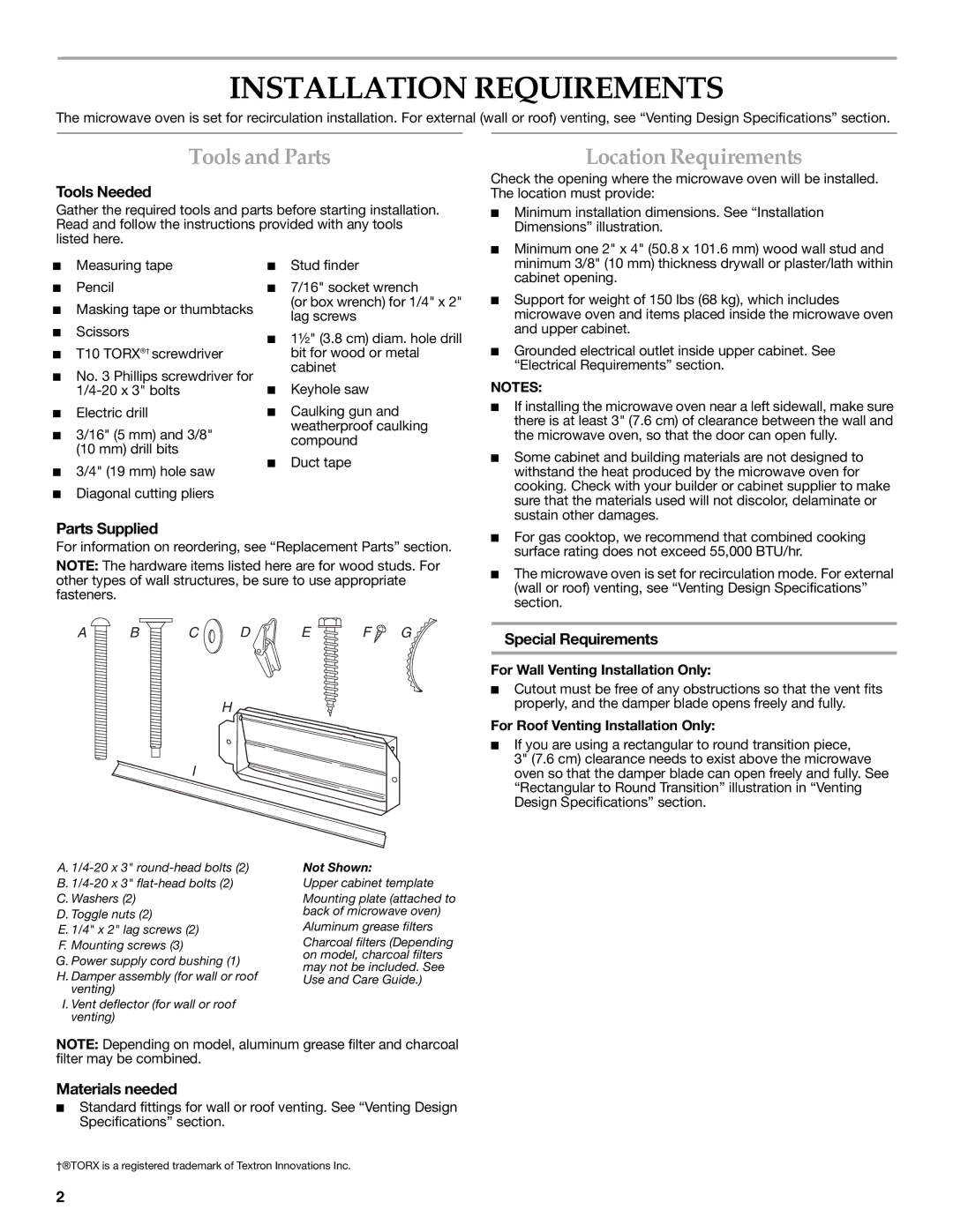 KitchenAid W10190011A, W10189714A Installation Requirements, Tools and Parts, Location Requirements 