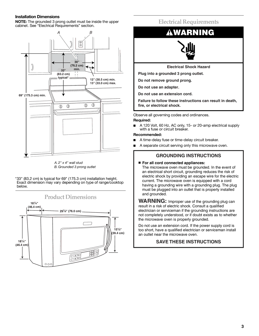 KitchenAid W10189714A Product Dimensions, Electrical Requirements, Installation Dimensions, Required, Recommended 