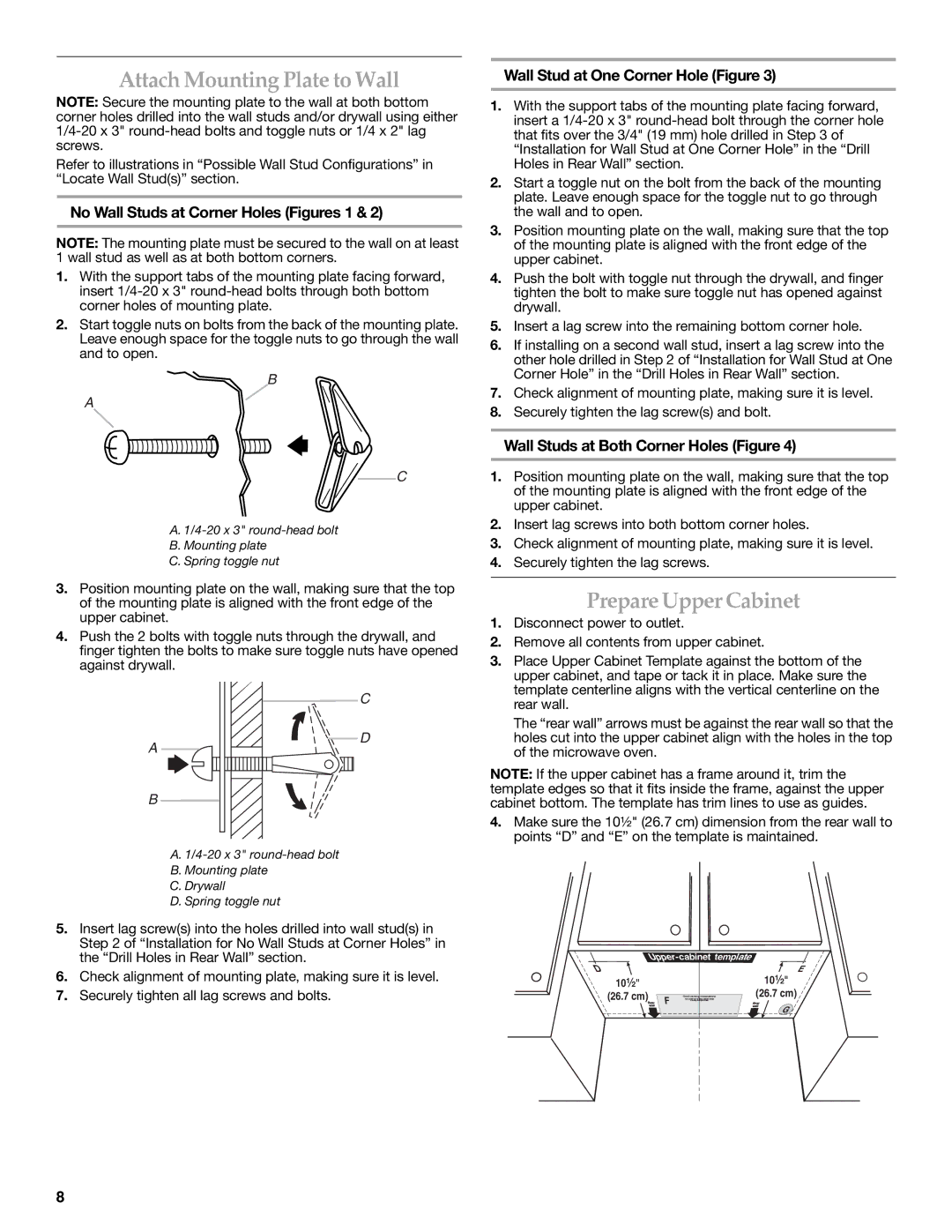 KitchenAid W10190011A Attach Mounting Plate to Wall, Prepare Upper Cabinet, No Wall Studs at Corner Holes Figures 1 