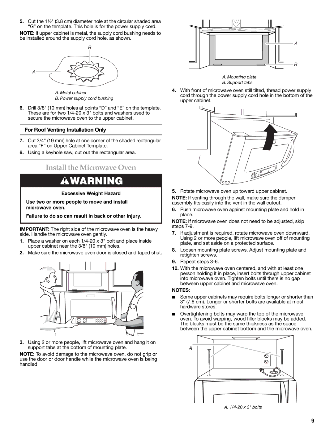 KitchenAid W10189714A, W10190011A installation instructions Install the Microwave Oven, For Roof Venting Installation Only 