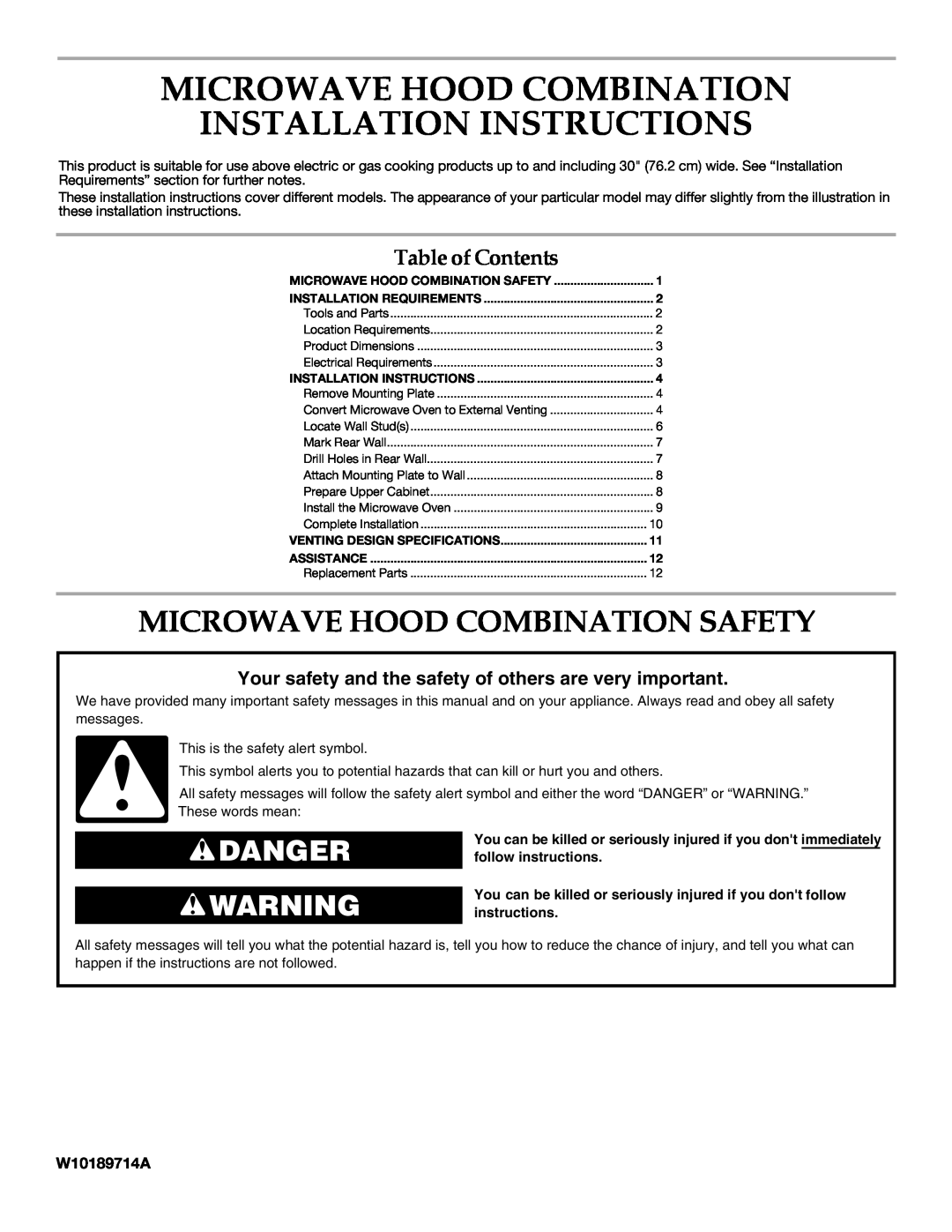 KitchenAid W10189714A, W10190011A installation instructions Microwave Hood Combination Safety, Danger, Table of Contents 