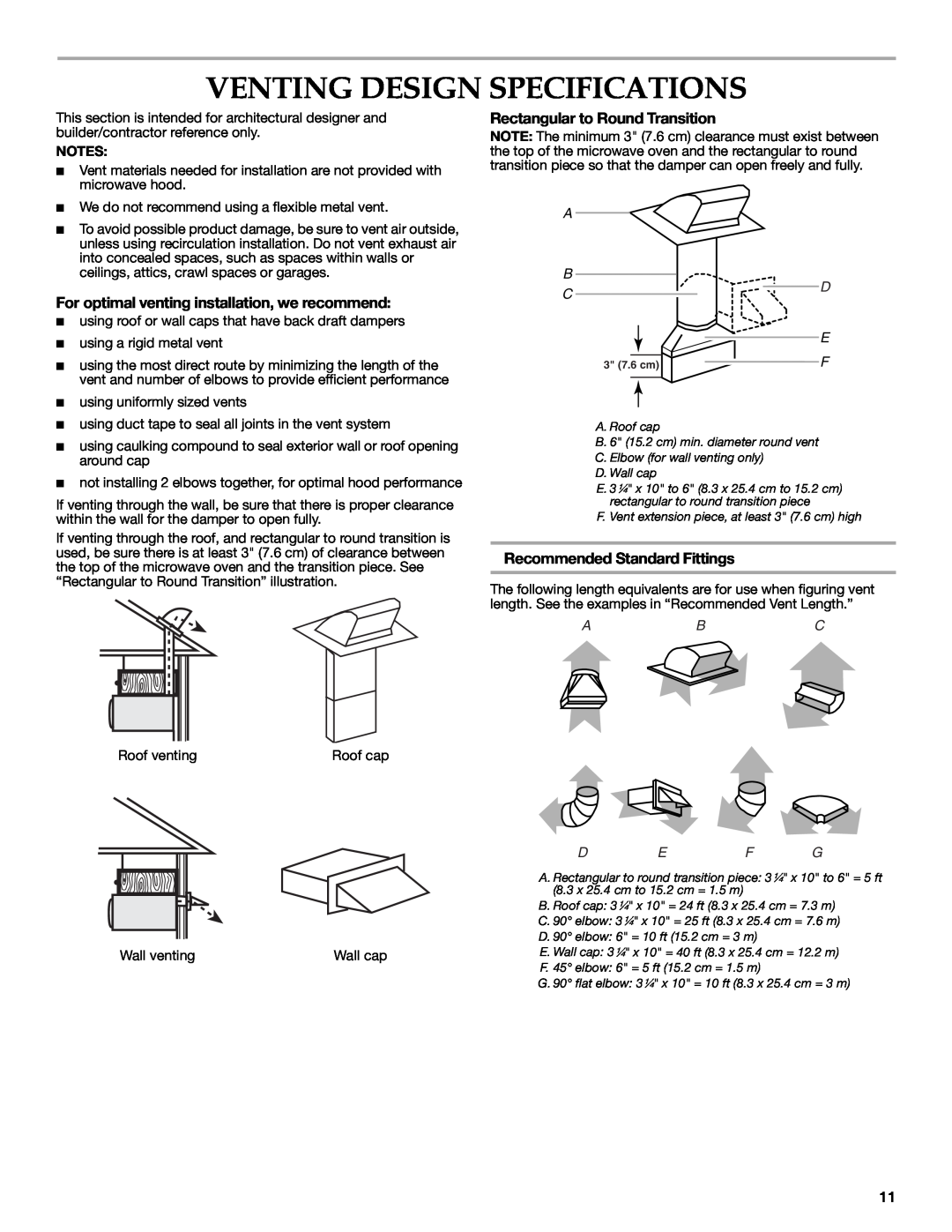 KitchenAid W10189714A, W10190011A Venting Design Specifications, For optimal venting installation, we recommend, Def G 