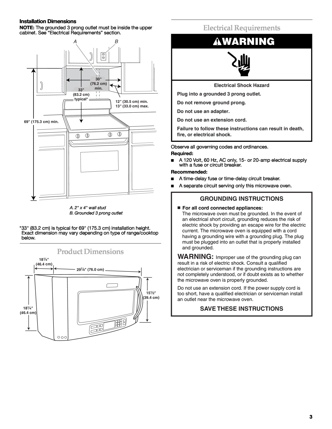 KitchenAid W10189714A Product Dimensions, Electrical Requirements, Installation Dimensions, Do not use an extension cord 