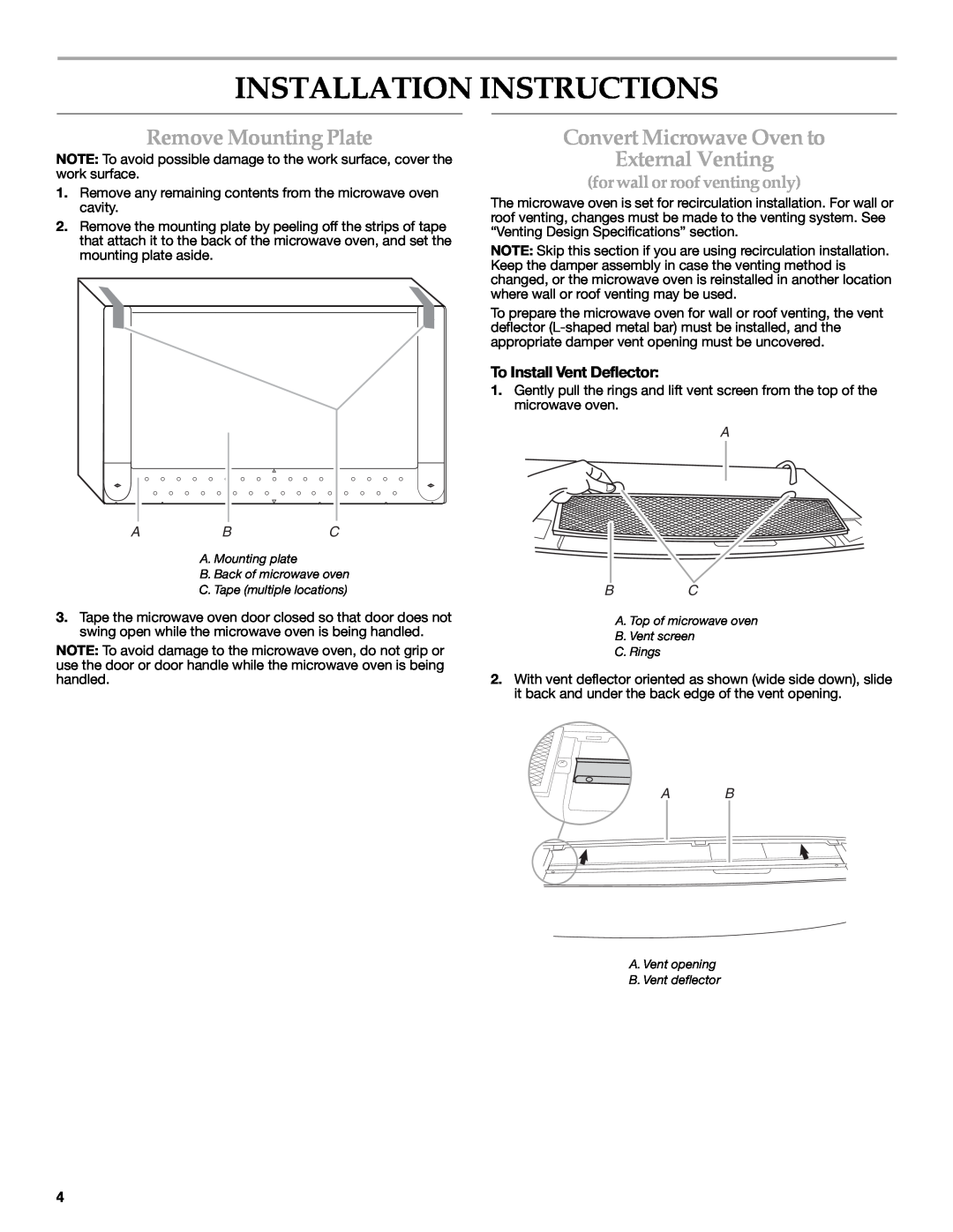 KitchenAid W10190011A Installation Instructions, Remove Mounting Plate, Convert Microwave Oven to External Venting, A B C 