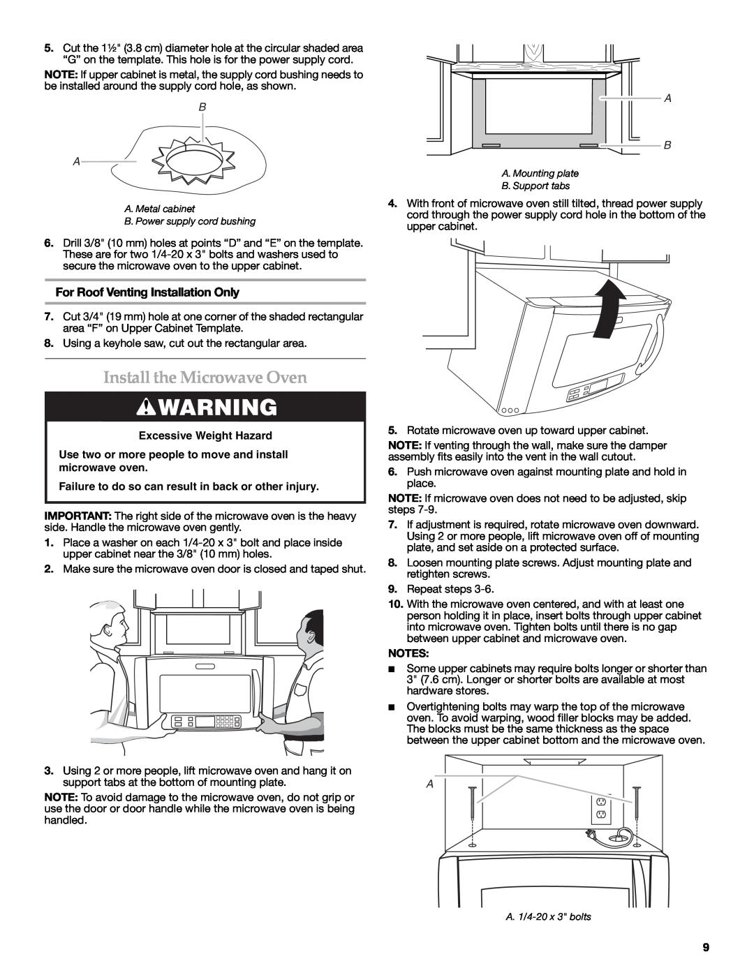 KitchenAid W10189714A, W10190011A Install the Microwave Oven, For Roof Venting Installation Only, Excessive Weight Hazard 
