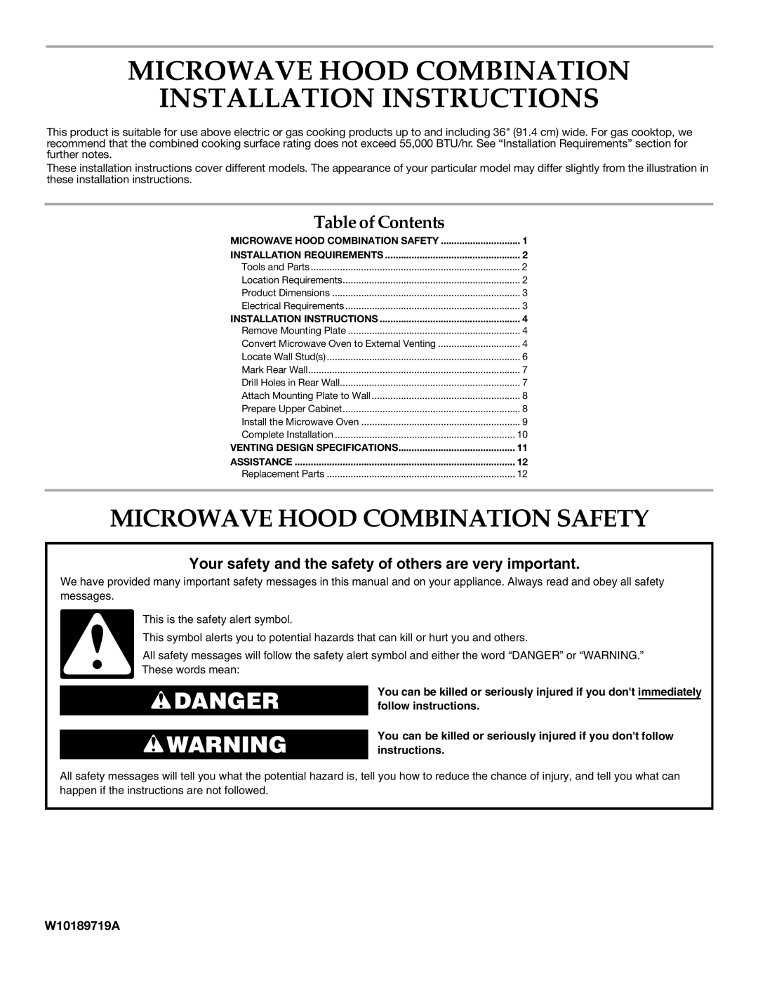 KitchenAid W10189719A, W10190015A installation instructions Microwave Hood Combination Installation Instructions 