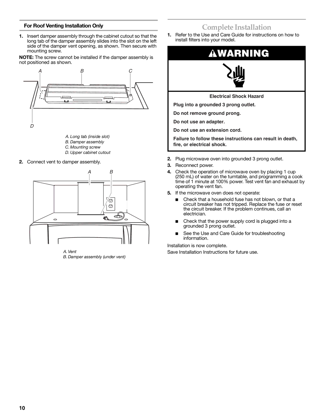KitchenAid W10190015A, W10189719A installation instructions Complete Installation, Abc 