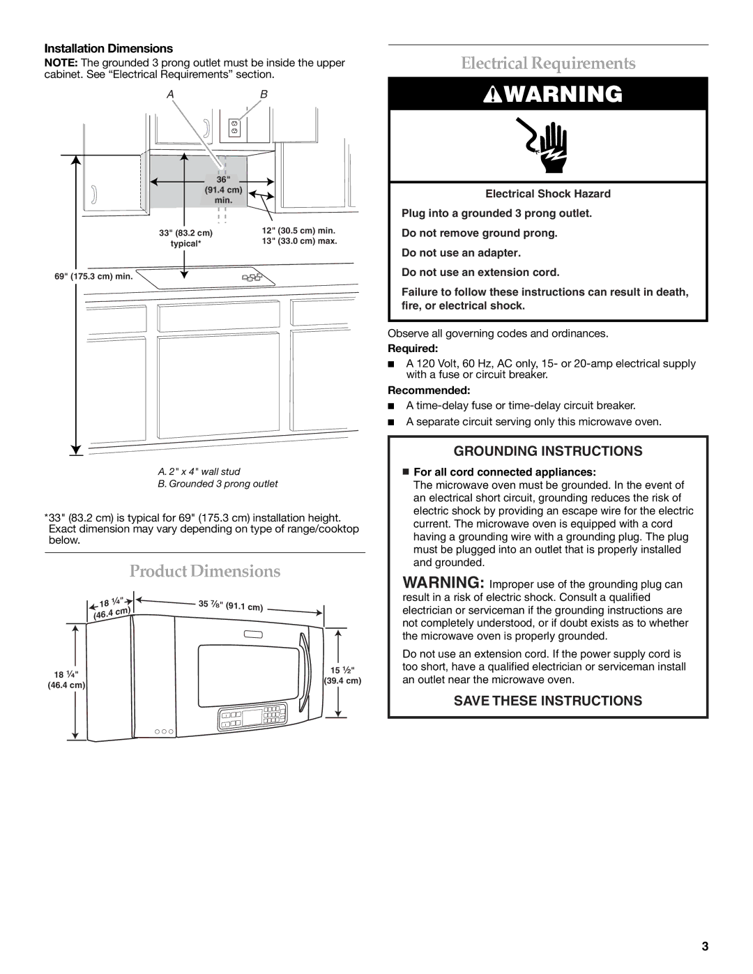 KitchenAid W10189719A Product Dimensions, Electrical Requirements, Installation Dimensions, Required, Recommended 