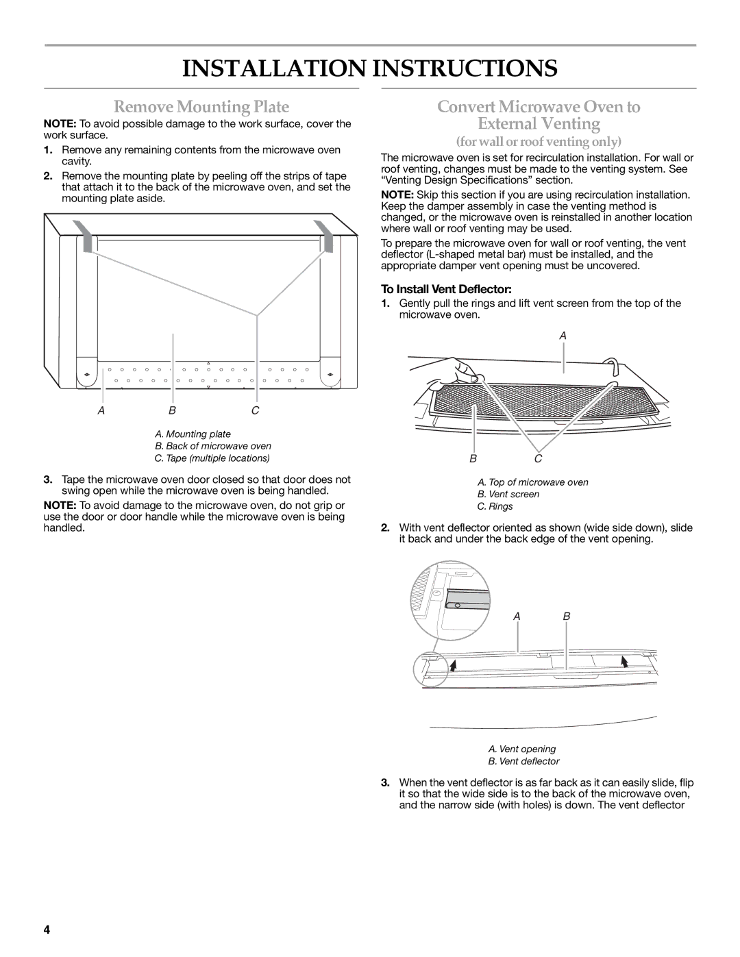 KitchenAid W10190015A Installation Instructions, Remove Mounting Plate, Convert Microwave Oven to External Venting, Abc 