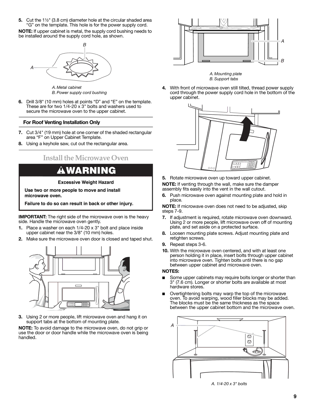 KitchenAid W10189719A, W10190015A installation instructions Install the Microwave Oven, For Roof Venting Installation Only 