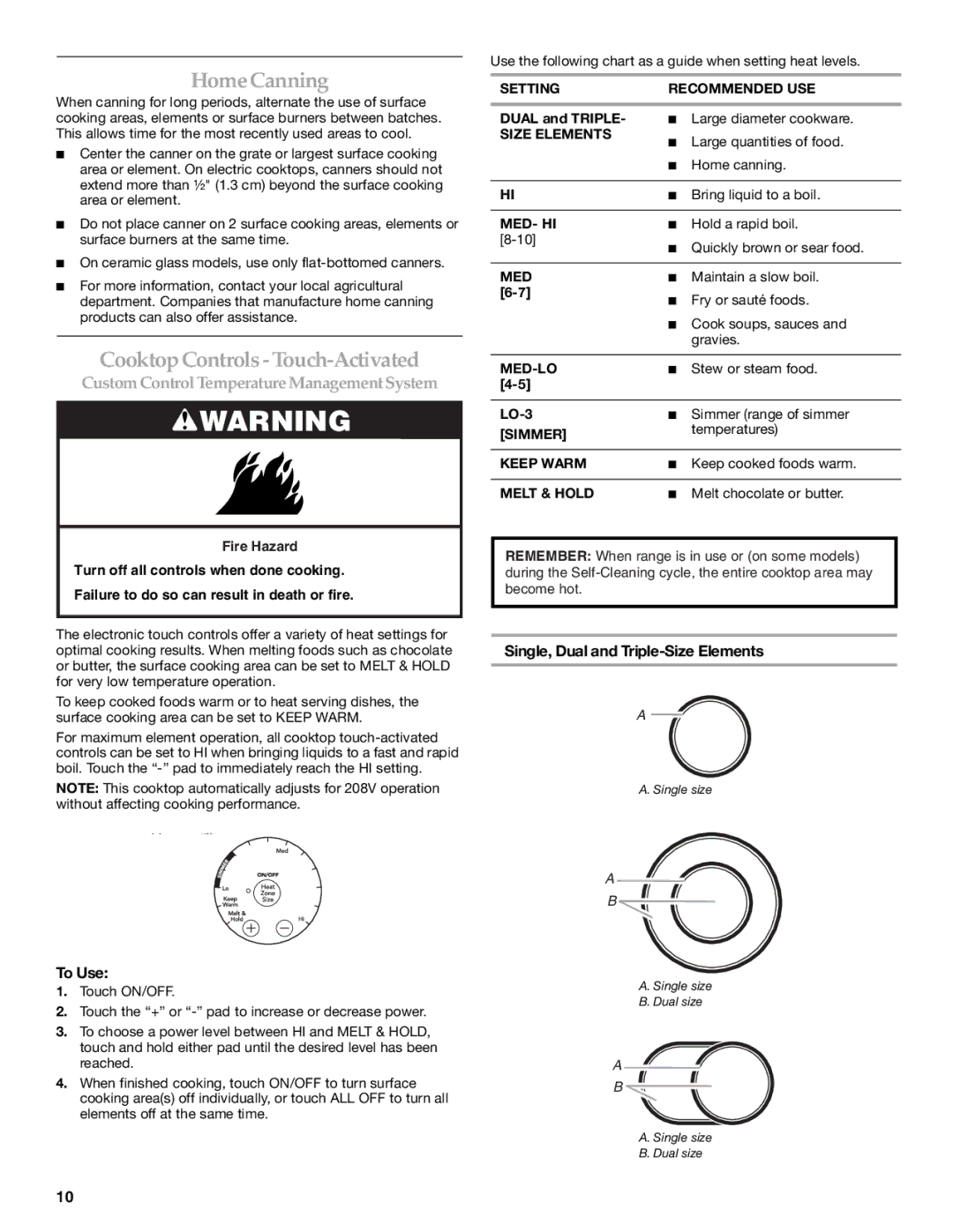 KitchenAid W10190622A manual Home Canning, Cooktop Controls Touch-Activated, To Use, Single, Dual and Triple-Size Elements 