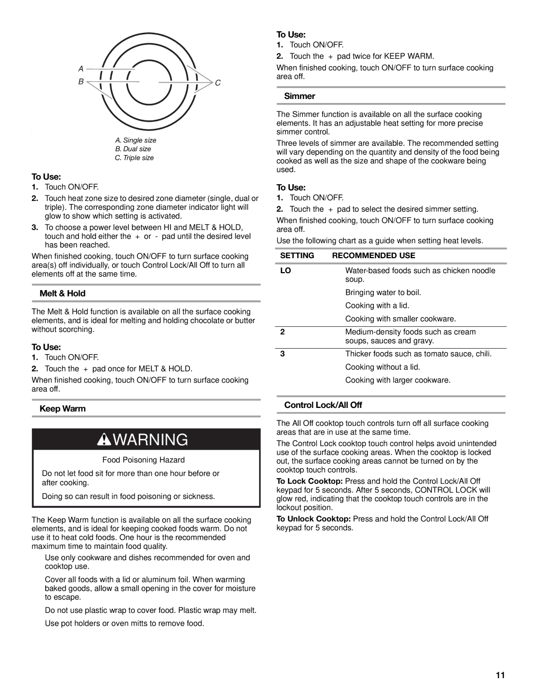 KitchenAid KESS908SPS, W10190622A manual Melt & Hold, Keep Warm, Simmer, Control Lock/All Off 