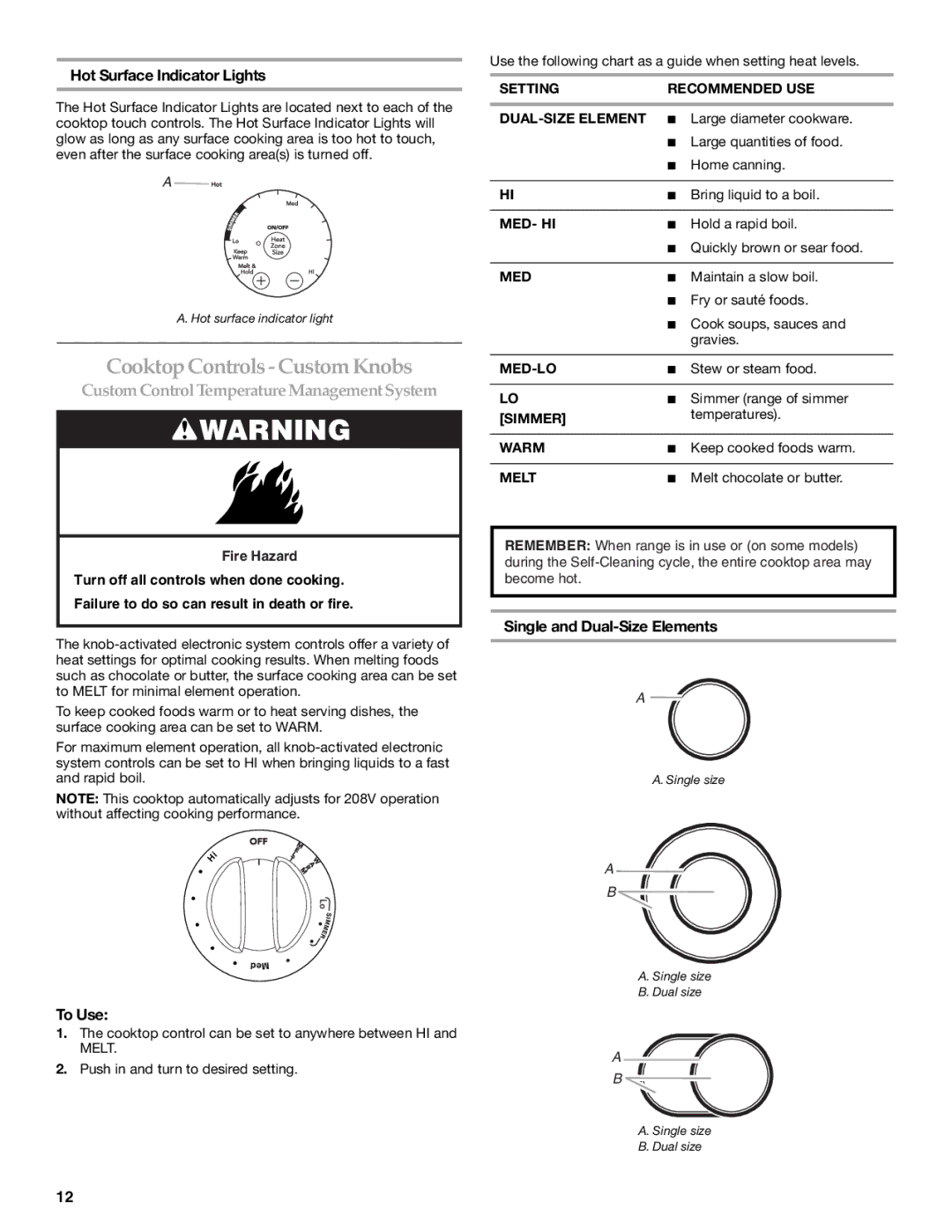 KitchenAid W10190622A manual Cooktop Controls Custom Knobs, Hot Surface Indicator Lights, Single and Dual-Size Elements 