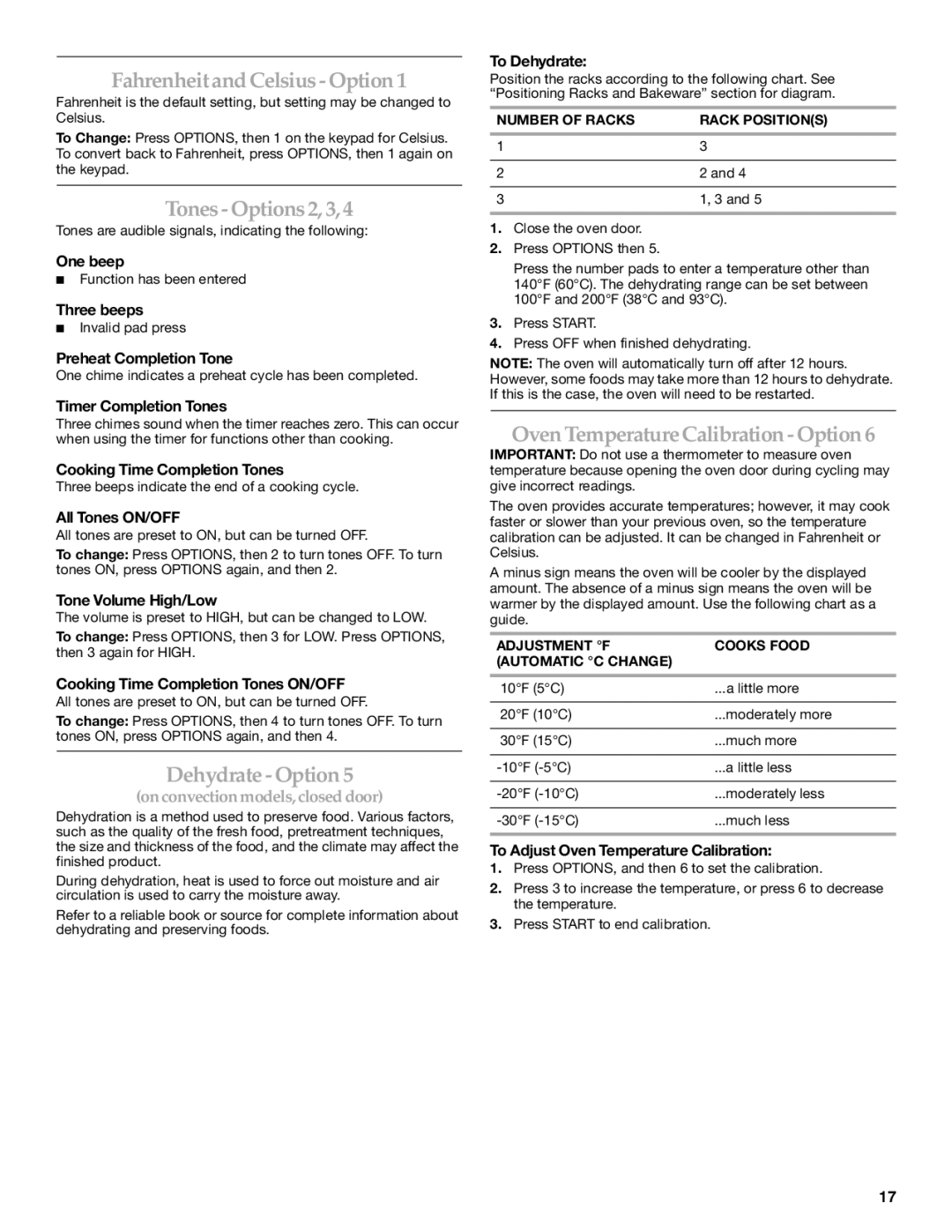 KitchenAid KESS908SPS, W10190622A manual Fahrenheitand Celsius- Option, Tones- Options 2, 3, Dehydrate Option 