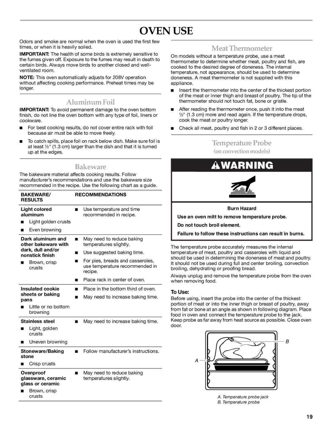 KitchenAid KESS908SPS, W10190622A manual Oven USE, Aluminum Foil, MeatThermometer, Temperature Probe, Bakeware 