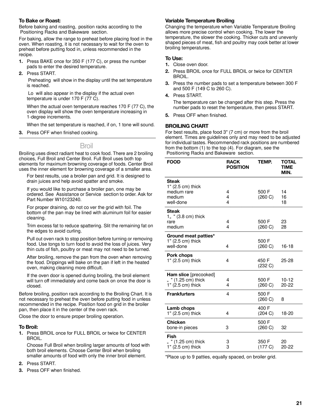 KitchenAid KESS908SPS, W10190622A manual To Bake or Roast, To Broil, Variable Temperature Broiling, Broiling Chart 