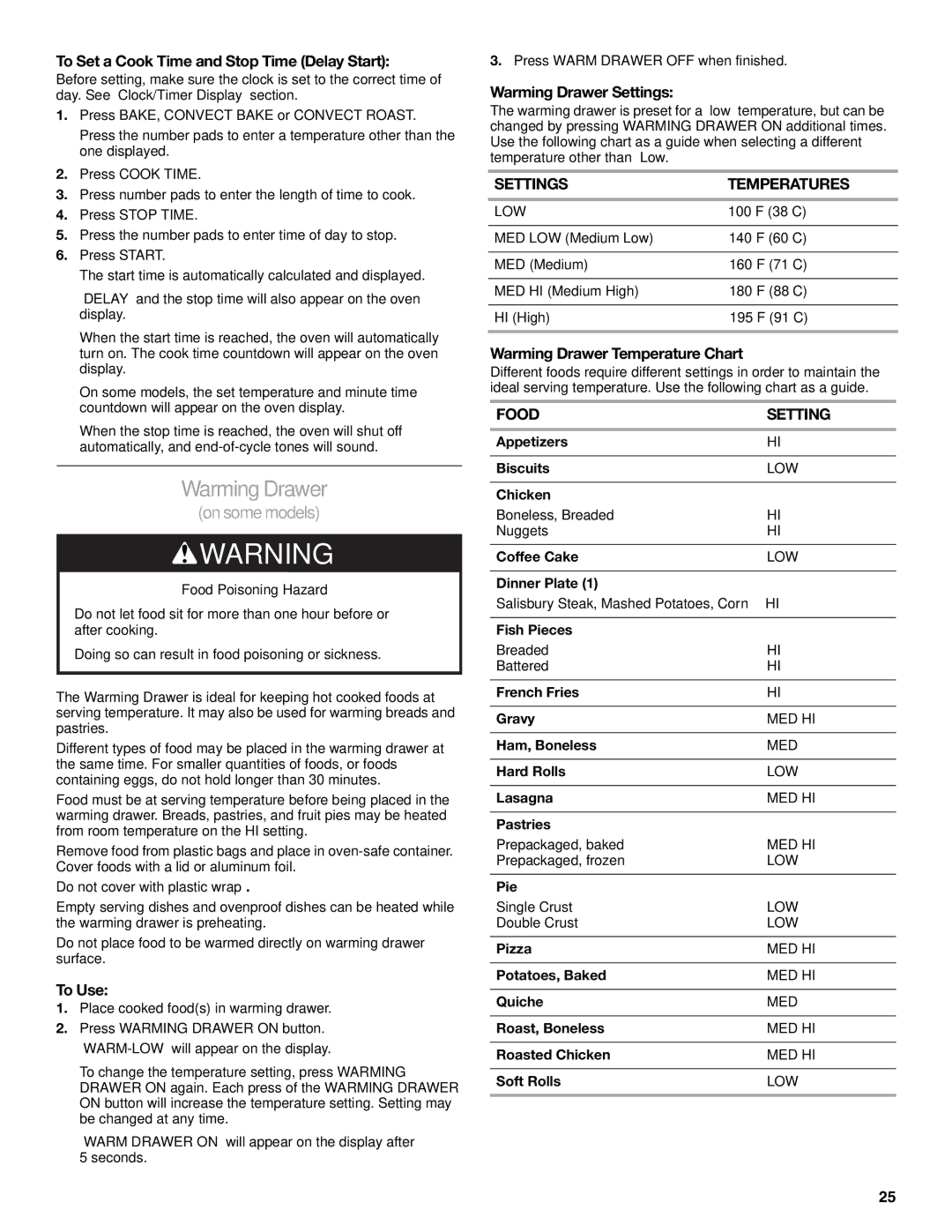 KitchenAid KESS908SPS, W10190622A manual Warming Drawer, Settings Temperatures, Food Setting 