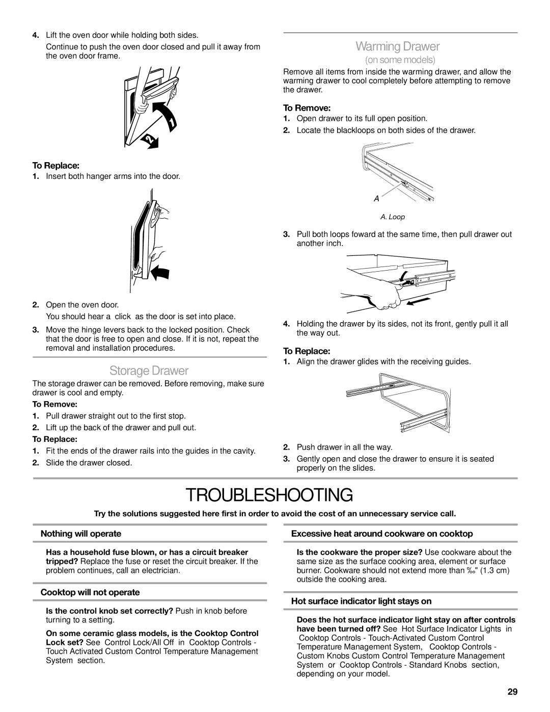 KitchenAid KESS908SPS Troubleshooting, Storage Drawer, Cooktop will not operate, Hot surface indicator light stays on 