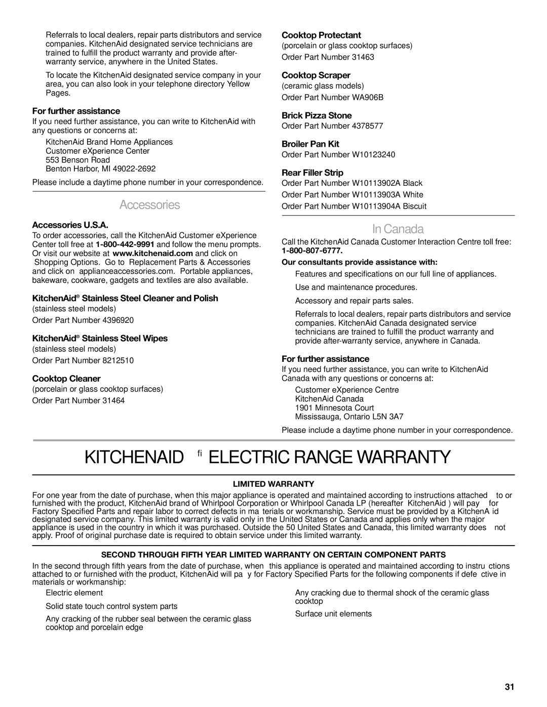 KitchenAid KESS908SPS, W10190622A manual Kitchenaid Electric Range Warranty, Accessories, Canada 