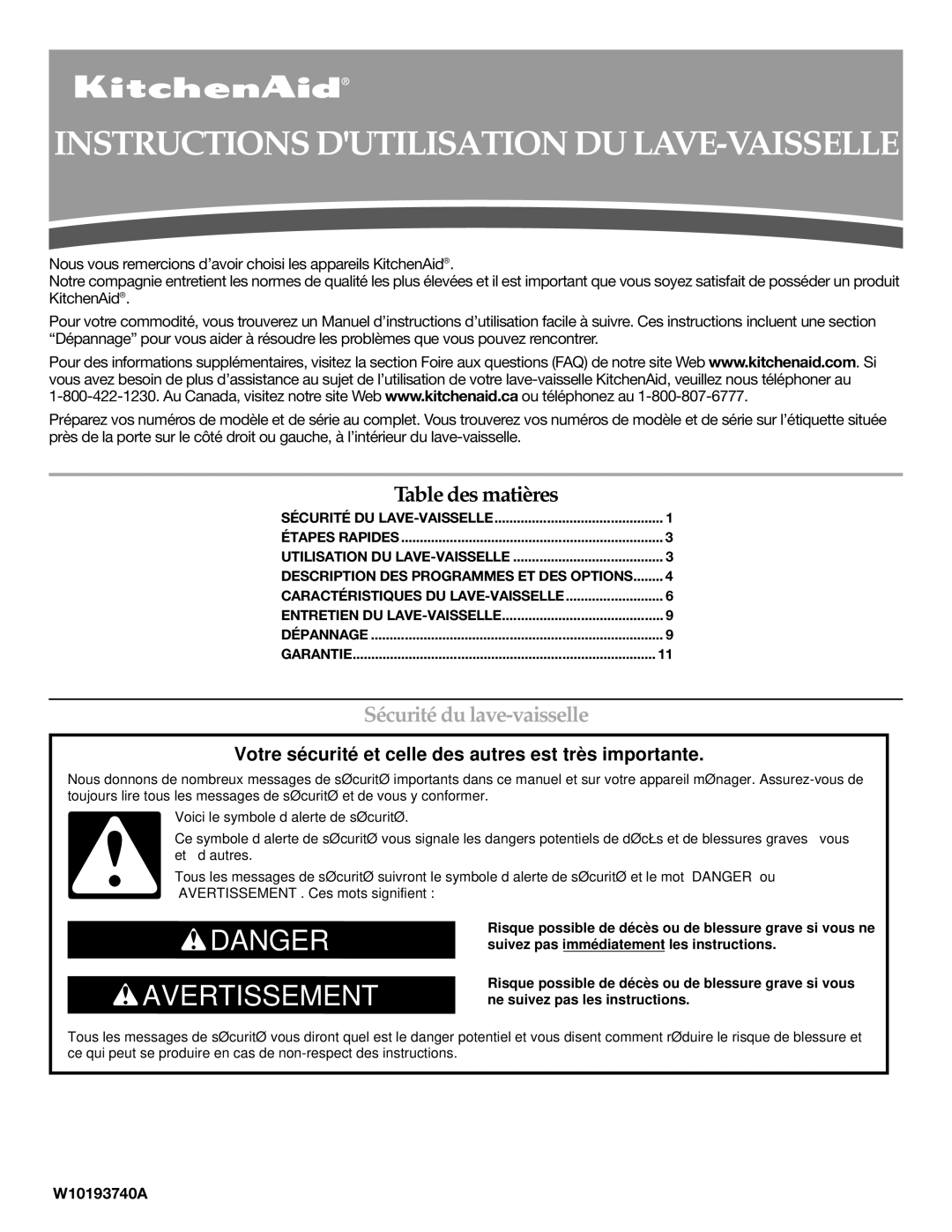 KitchenAid W10193740A, W10193741A warranty Instructions Dutilisation DU LAVE-VAISSELLE, Sécurité du lave-vaisselle 