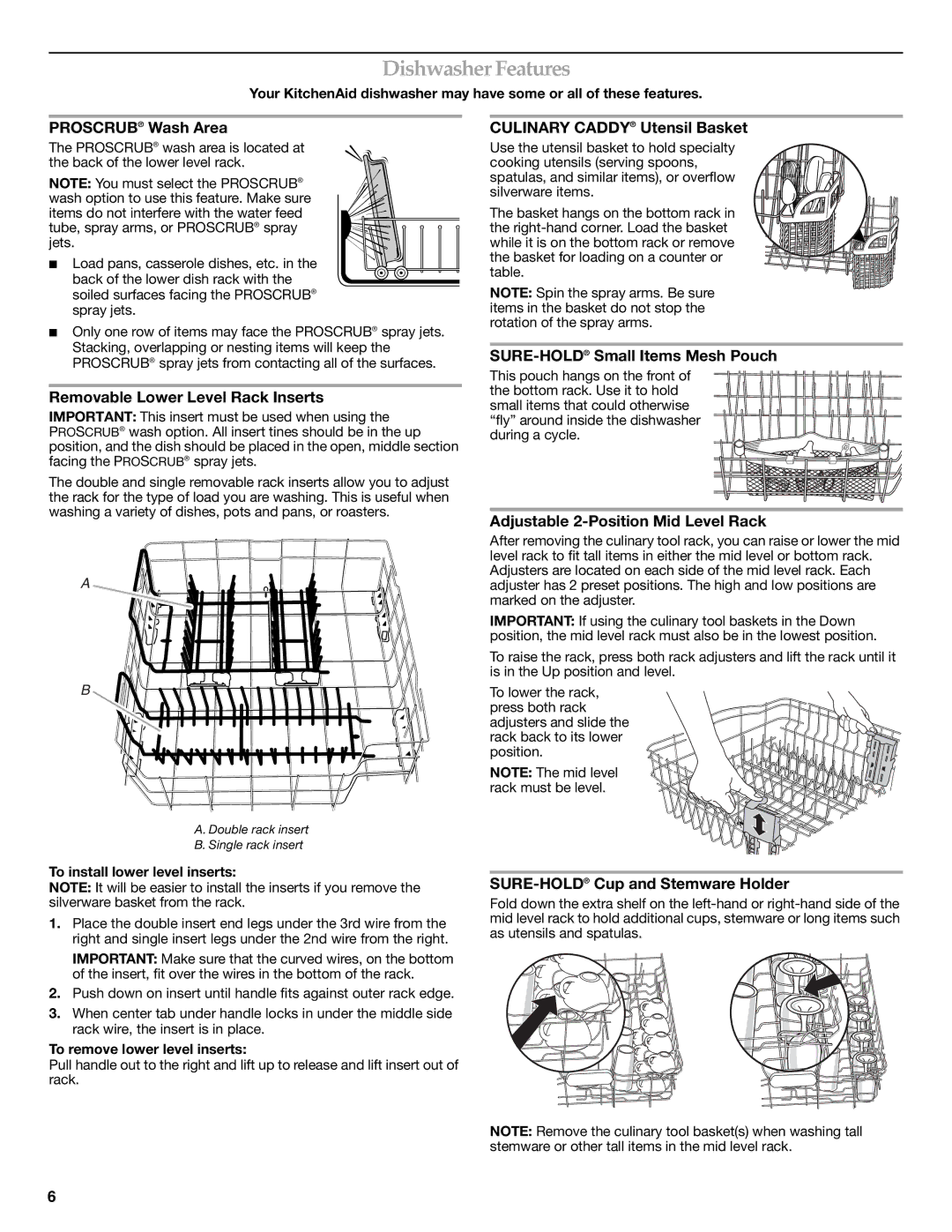 KitchenAid W10193740A, W10193741A warranty Dishwasher Features 